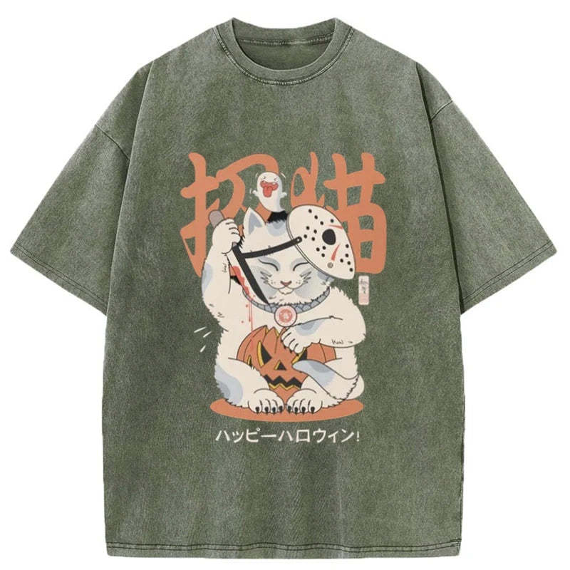 Tokyo-Tiger Halloween Cat Maneki Neko Japanese Washed T-Shirt