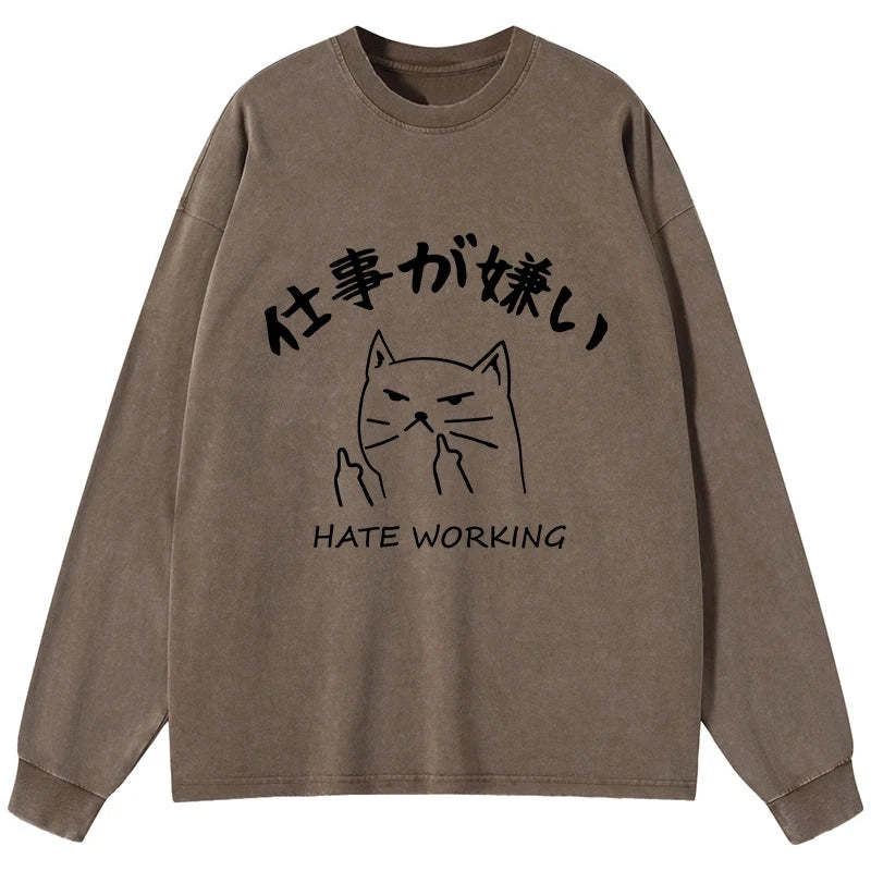 Tokyo-Tiger A Cat That Hates Work Washed Long Sleeve T-Shirt-tokyo-tiger