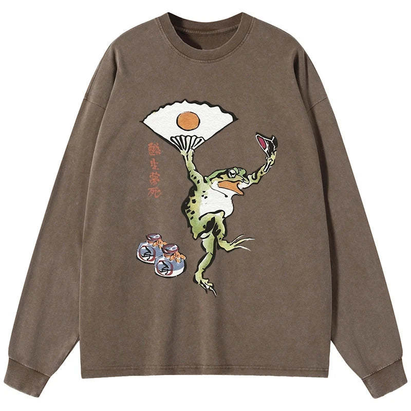 Tokyo-Tiger Dancing Frog Japanese Washed Long Sleeve T-Shirt