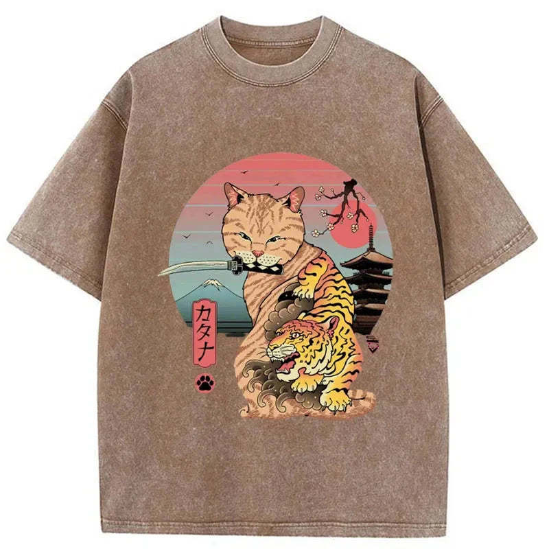 Tokyo-Tiger Katana Cat Tattoo Washed T-Shirt Sale