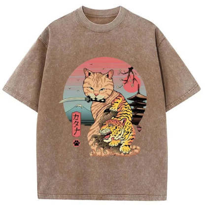 Tokyo-Tiger Katana Cat Tattoo Washed T-Shirt
