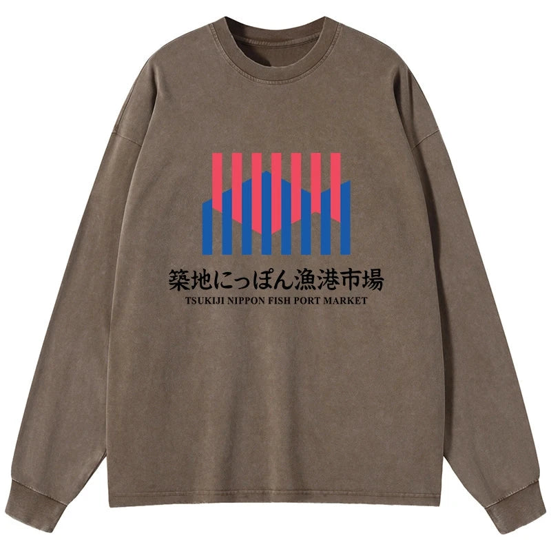Tokyo-Tiger Tsukiji Nippon Fish Port Market Washed Long Sleeve T-Shirt