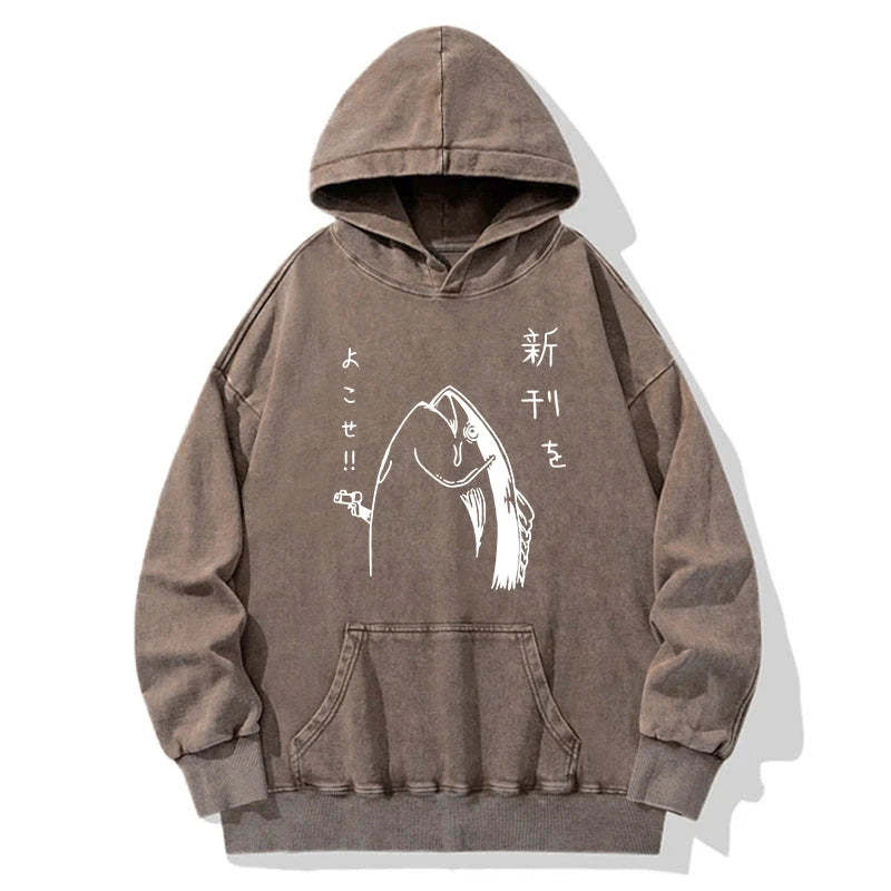 Tokyo-Tiger Japanese Fish Hold Up White Washed Hoodie
