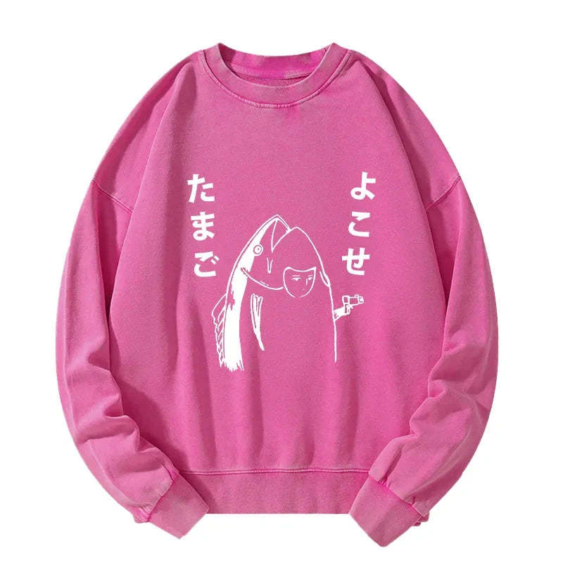 Tokyo-Tiger Japanese Fish Hold Up White Washed Sweatshirt