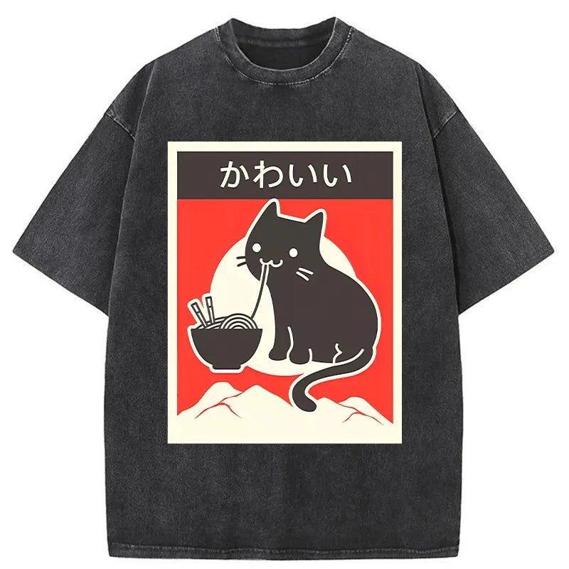 Tokyo-Tiger Kawaii Vintage Ramen Cat Washed T-Shirt