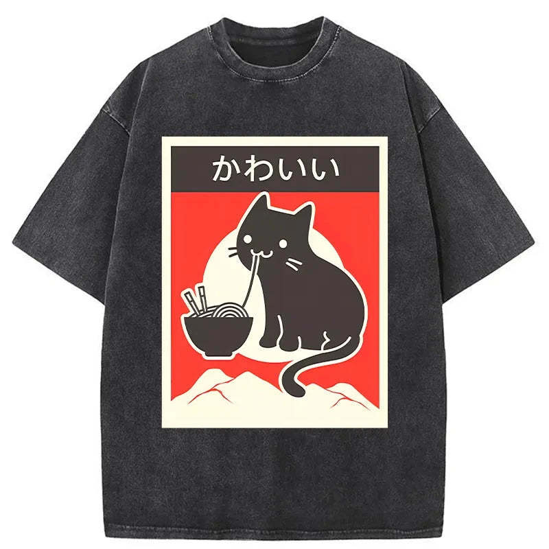 Tokyo-Tiger Kawaii Vintage Ramen Cat Washed T-Shirt