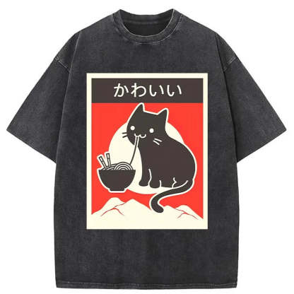 Tokyo-Tiger Kawaii Vintage Ramen Cat Washed T-Shirt