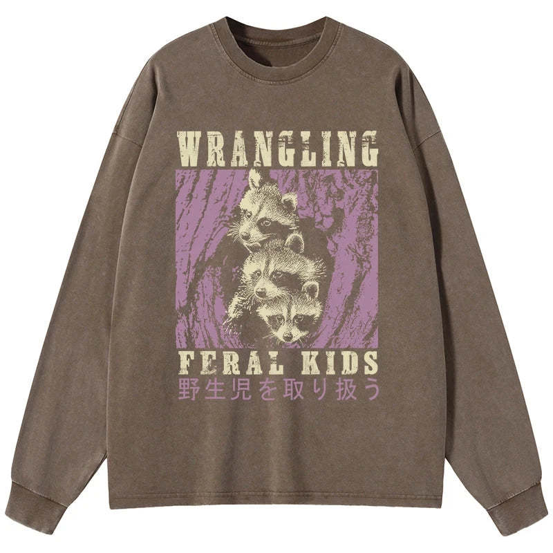 Tokyo-Tiger Wrangling Feral Raccoon Kids Washed Long Sleeve T-Shirt Sale