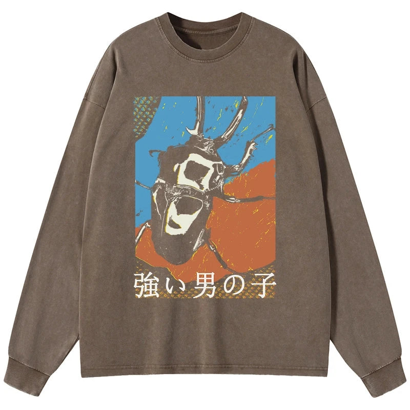 Tokyo-Tiger Strong Beetle Japanese Washed Long Sleeve T-Shirt