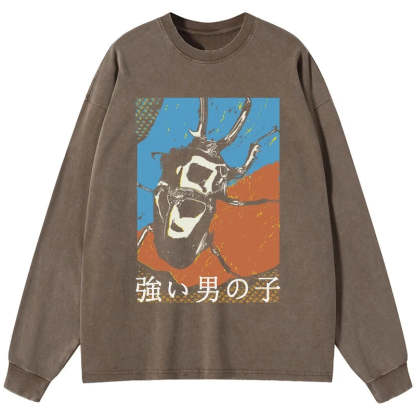 Tokyo-Tiger Strong Beetle Japanese Washed Long Sleeve T-Shirt