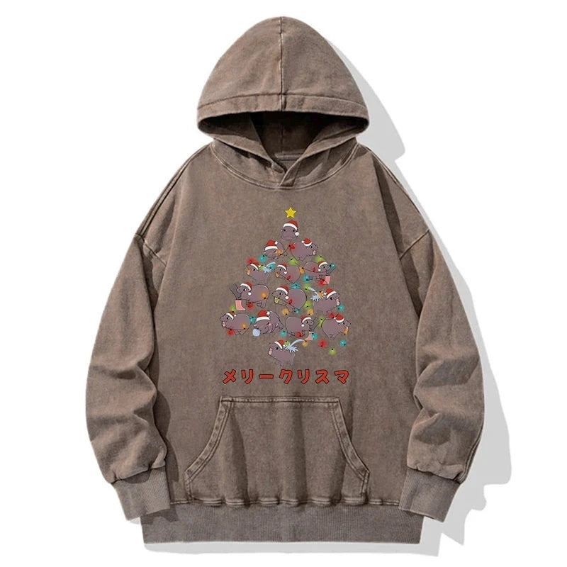 Tokyo-Tiger Moo Deng Christmas Tree Japanese Washed Hoodie