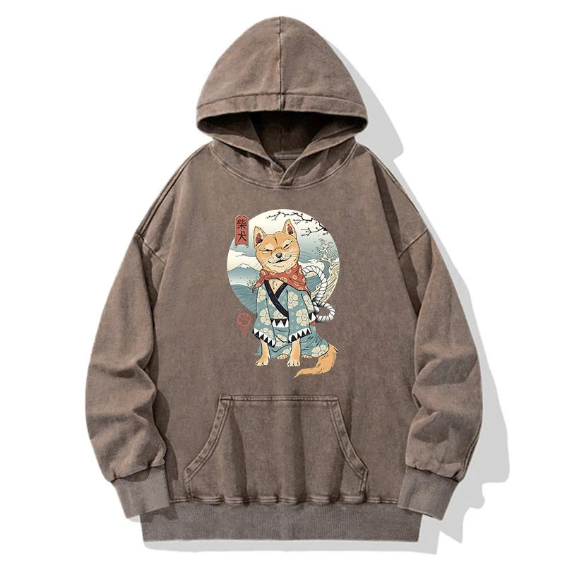 Tokyo-Tiger Samurai Shiba Dog Japanese Washed Hoodie
