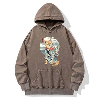 Tokyo-Tiger Samurai Shiba Dog Japanese Washed Hoodie