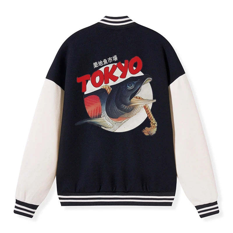 Tokyo-Tiger Vintage Japanese Tsukiji Fish Market Embroidery Varsity Jacket Sale