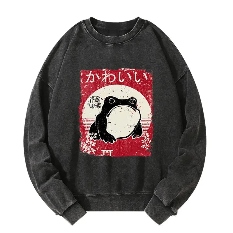 Tokyo-Tiger Woodblock Print Grumpy Frog Washed Sweatshirt