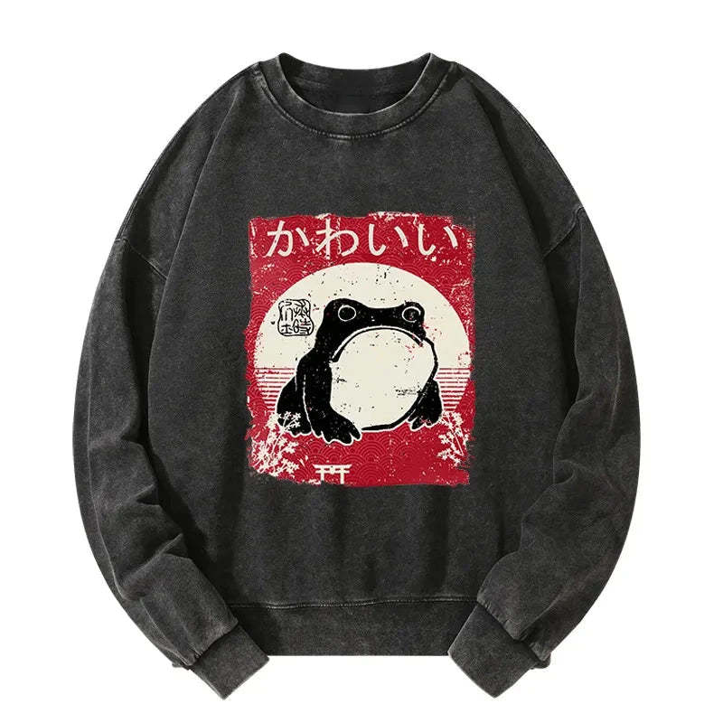 Tokyo-Tiger Woodblock Print Grumpy Frog Washed Sweatshirt Sale