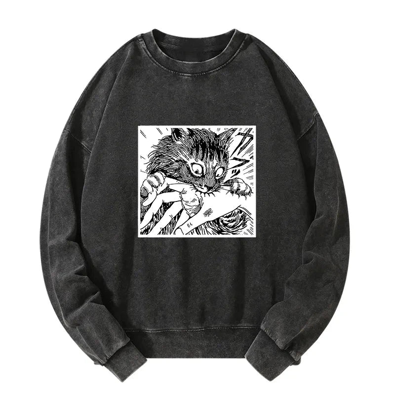 Tokyo-Tiger Creepy Cat Anime Horror Anteater Washed Sweatshirt