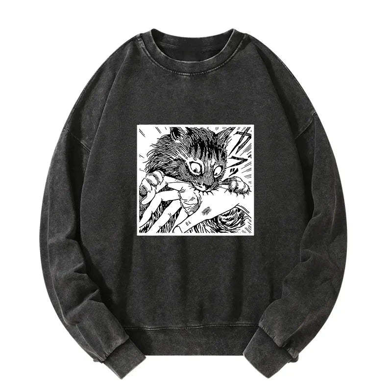 Tokyo-Tiger Creepy Cat Anime Horror Anteater Washed Sweatshirt Sale