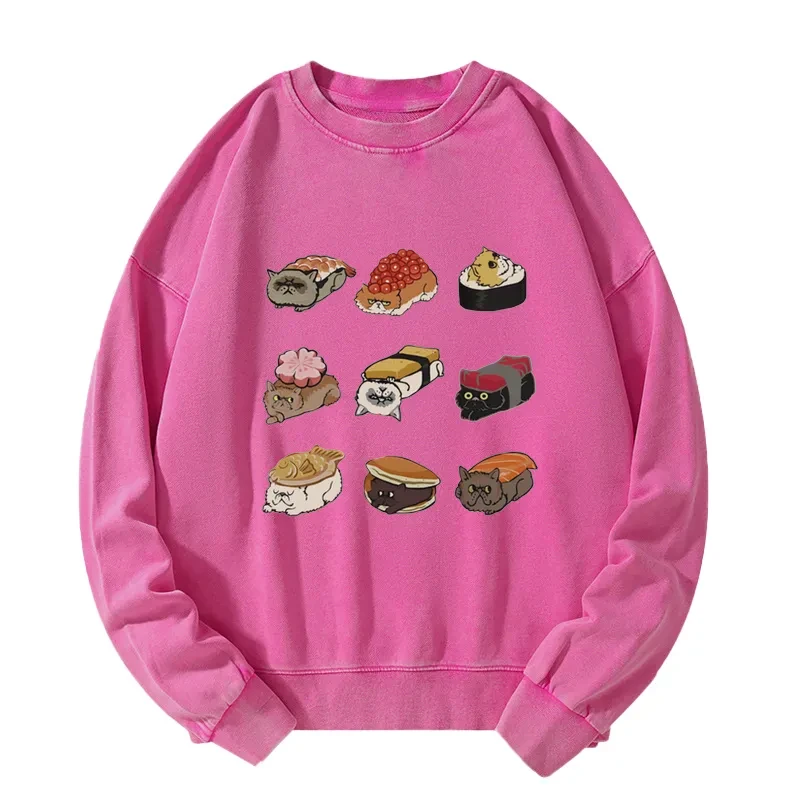 Tokyo-Tiger Cute Cat Sushi Washed Sweatshirt