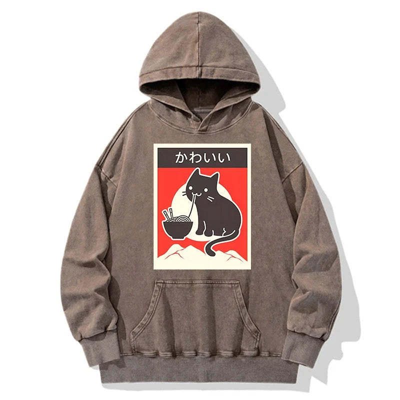 Tokyo-Tiger Kawaii Vintage Ramen Cat Washed Hoodie