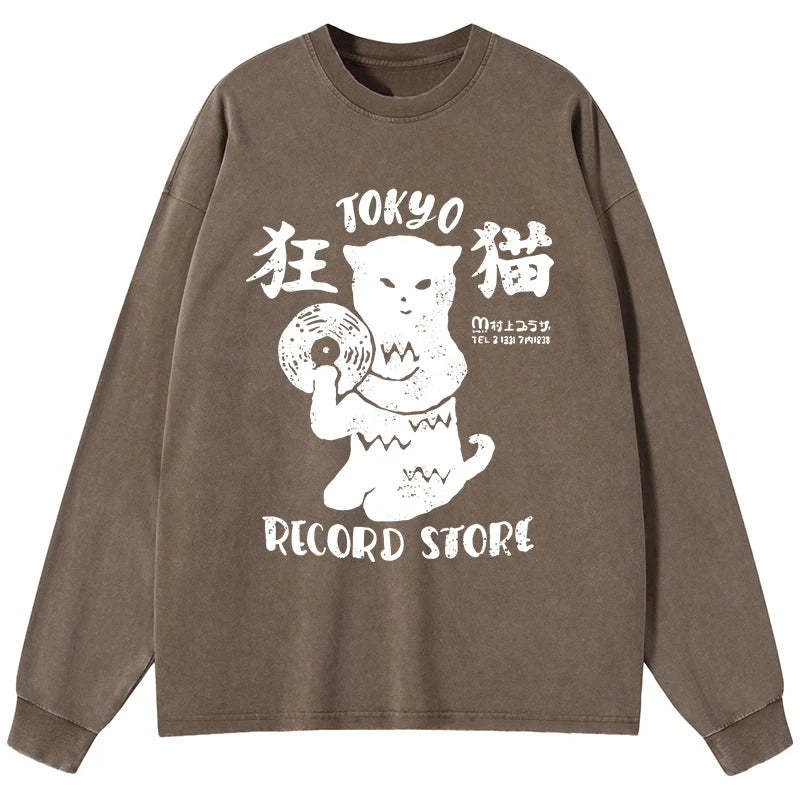 Tokyo-Tiger Tokyo Record Store Cat CD Washed Long Sleeve T-Shirt