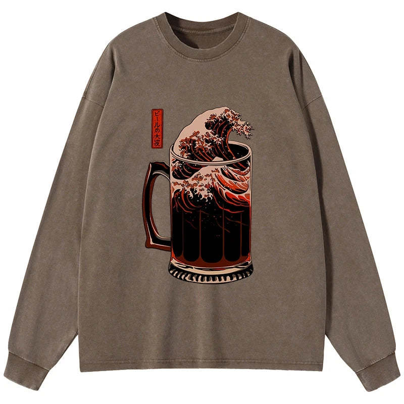 Tokyo-Tiger The Great Wave Of Beer Japanese Washed Long Sleeve T-Shirt Sale