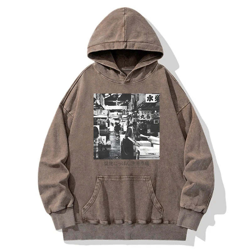 Tokyo-Tiger Tsukiji Fish Market Photo Washed Hoodie Sale