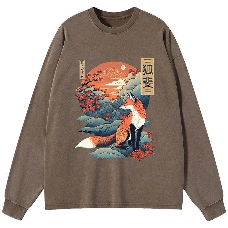 Tokyo-Tiger Japanese Kitsune Fox Sakura Washed Long Sleeve T-Shirt
