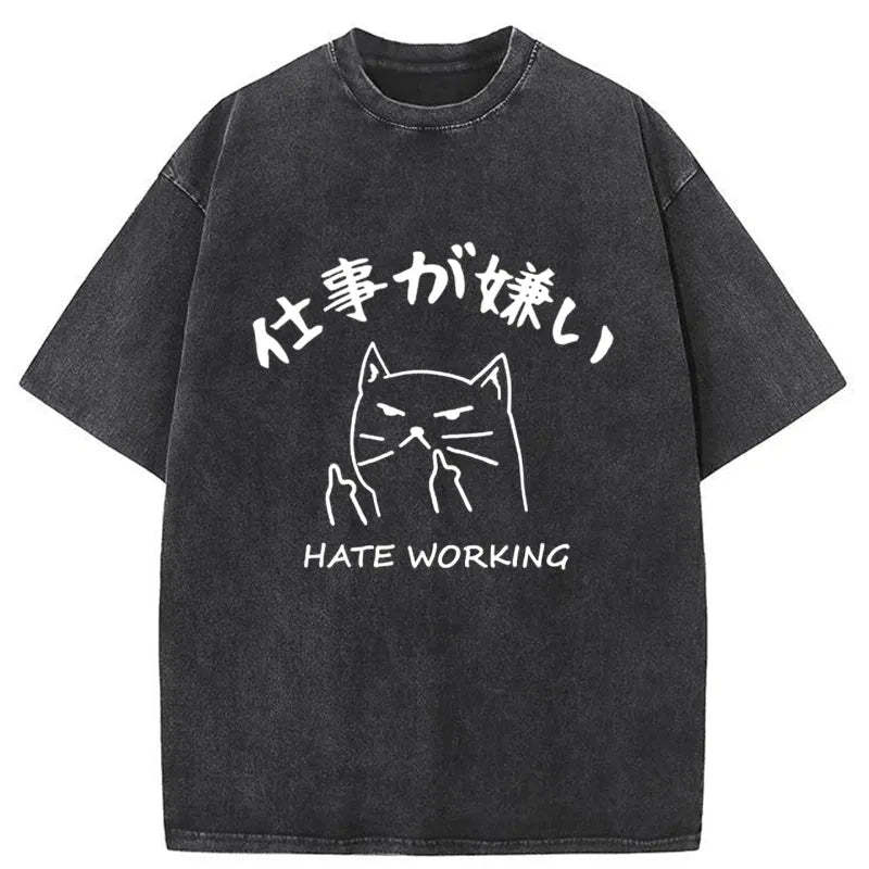 Tokyo-Tiger A Cat That Hates Work Washed T-Shirt-tokyo-tiger