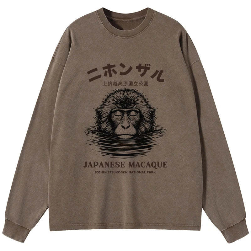 Tokyo-Tiger The Macaque Monkey In The Bath Japanese Washed Long Sleeve T-Shirt