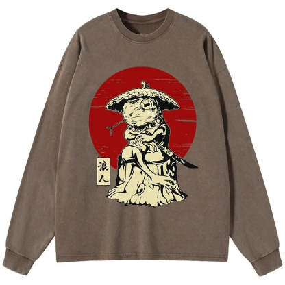 Tokyo-Tiger Rounin Japanese Frog Samurai Washed Long Sleeve T-Shirt