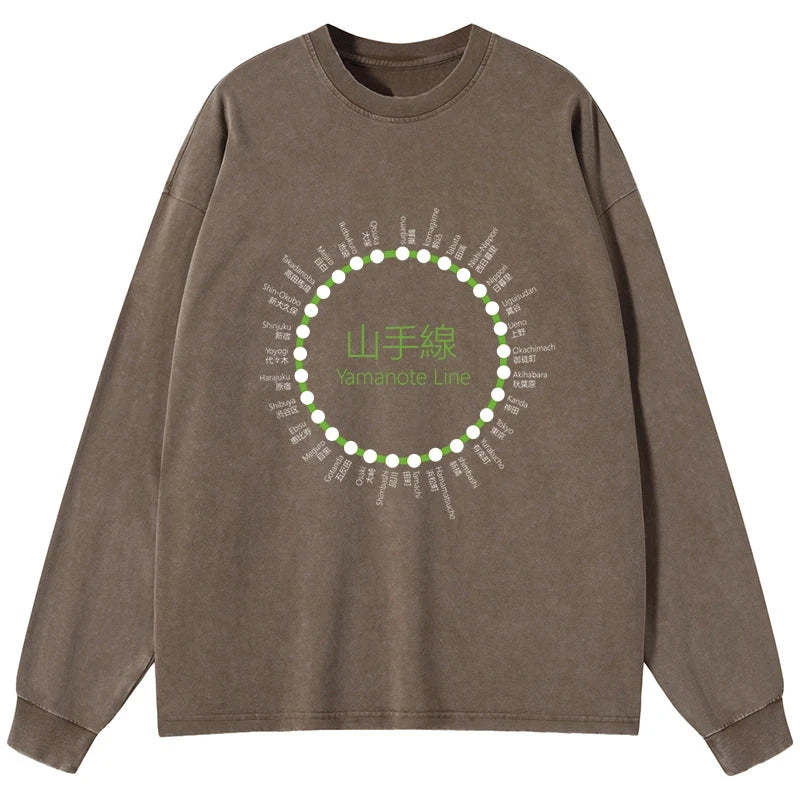 Tokyo-Tiger Yamanote Line Stations Circle Washed Long Sleeve T-Shirt