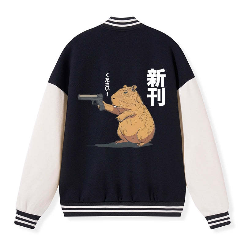 Tokyo-Tiger Capybara Holding A Gun Embroidery Varsity Jacket Sale