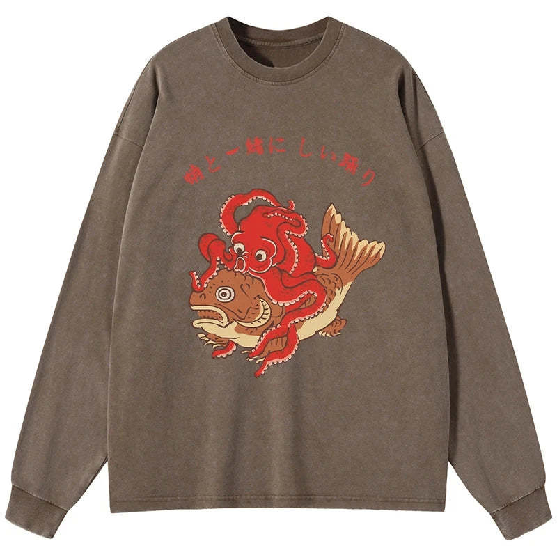 Tokyo-Tiger Octopus And Koi Dance Together Washed Long Sleeve T-Shirt Sale
