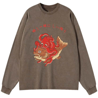 Tokyo-Tiger Octopus And Koi Dance Together Washed Long Sleeve T-Shirt