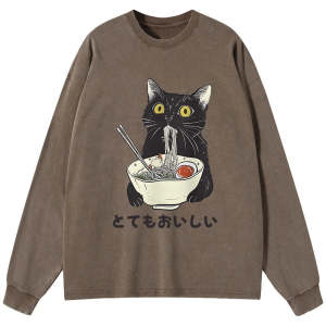 Image of Tokyo-Tiger Cats Eat Ramen Noodles Washed Long Sleeve T-Shirt