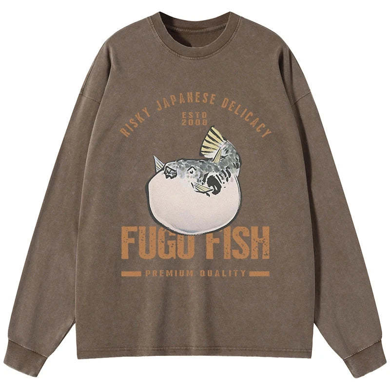 Tokyo-Tiger Fugu Fish Japanese Washed Long Sleeve T-Shirt