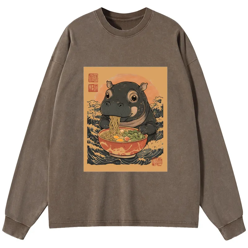 Tokyo-Tiger Moo Deng Eat Ramen Washed Long Sleeve T-Shirt