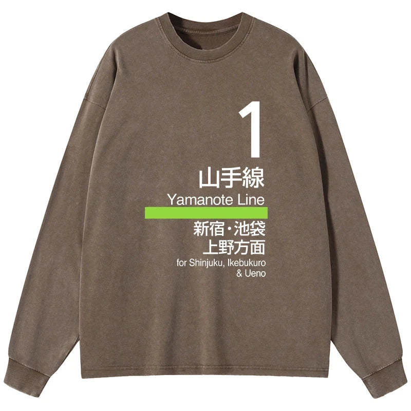 Tokyo-Tiger Tokyo Yamanote Line Platform Sign Washed Long Sleeve T-Shirt