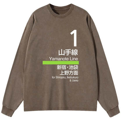 Tokyo-Tiger Tokyo Yamanote Line Platform Sign Washed Long Sleeve T-Shirt