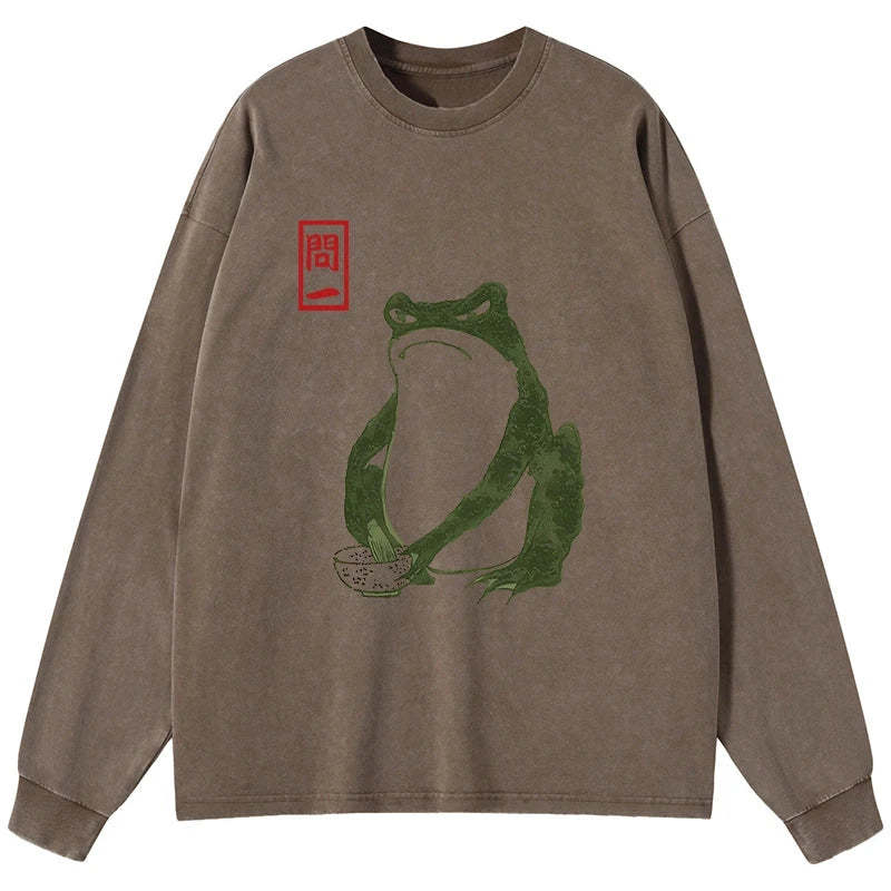 Tokyo-Tiger Woodblock Print Frog Washed Long Sleeve T-Shirt Sale