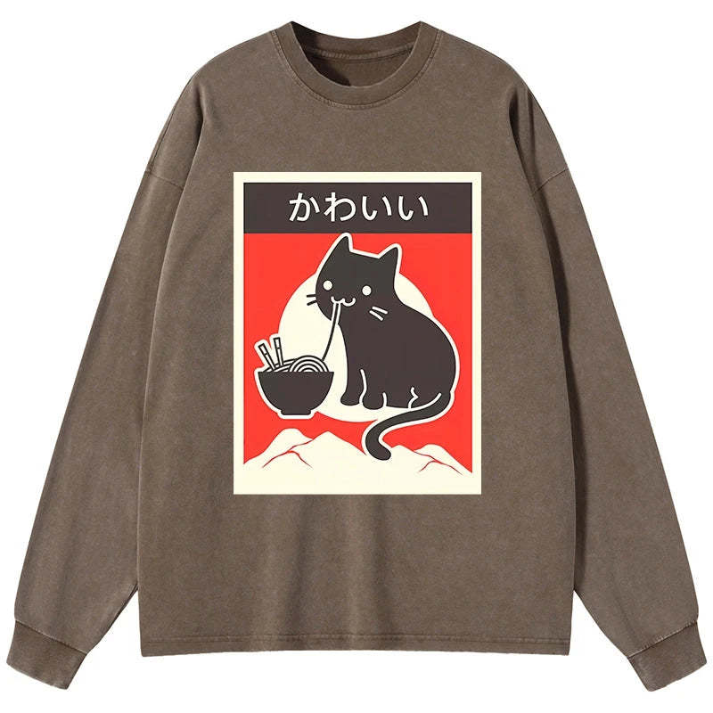 Tokyo-Tiger "Kawaii" Vintage Style Japenese Ramen Cat Washed Long Sleeve T-Shirt-tokyo-tiger