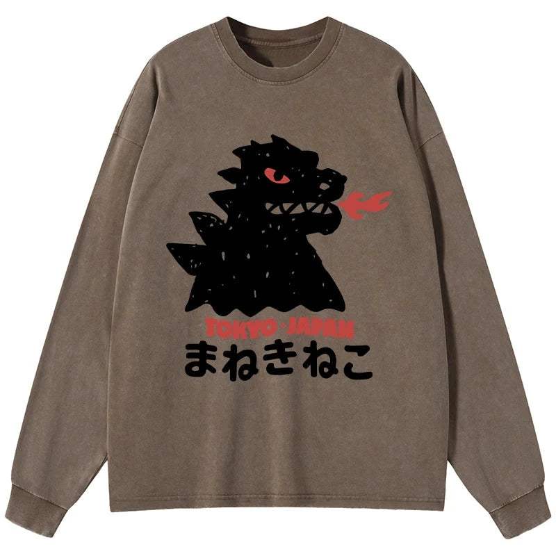 Tokyo-Tiger Japanese Fortune Cat Washed Long Sleeve T-Shirt