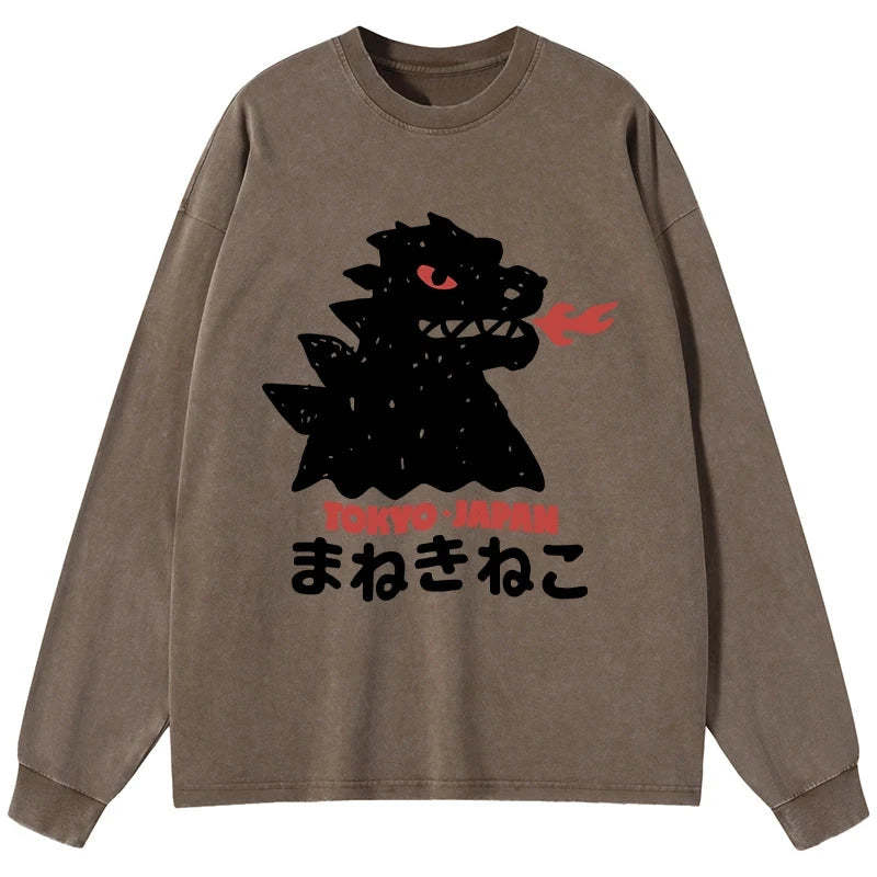 Tokyo-Tiger Japanese Fortune Cat Washed Long Sleeve T-Shirt