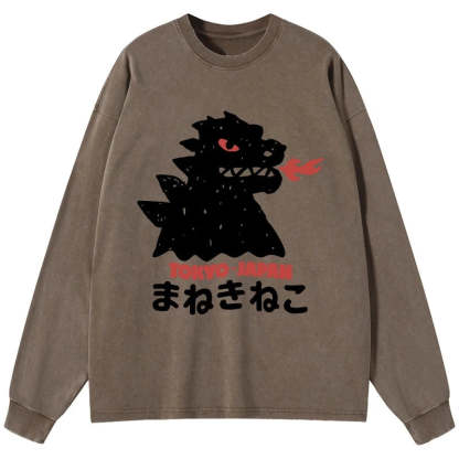 Tokyo-Tiger Japanese Fortune Cat Washed Long Sleeve T-Shirt