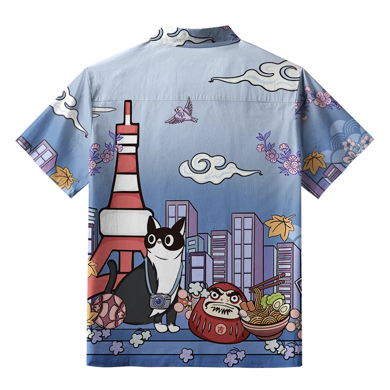 Tokyo-Tiger Tokyo Tower Landscape With Cat Button-up Shirt