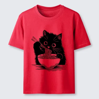 Tokyo-Tiger Black Cat Eating Ramen Funny Line Art Classic T-Shirt