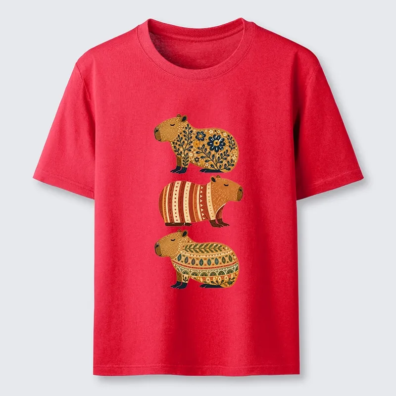 Tokyo-Tiger Folk Floral Striped Capybara Trio Print Classic T-Shirt