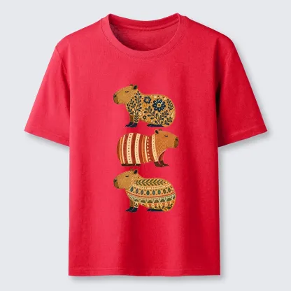 Tokyo-Tiger Folk Floral Striped Capybara Trio Print Classic T-Shirt