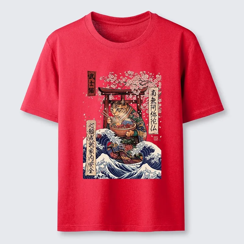Tokyo-Tiger Samurai Cat Eating Noodles Wave Scene Classic T-Shirt